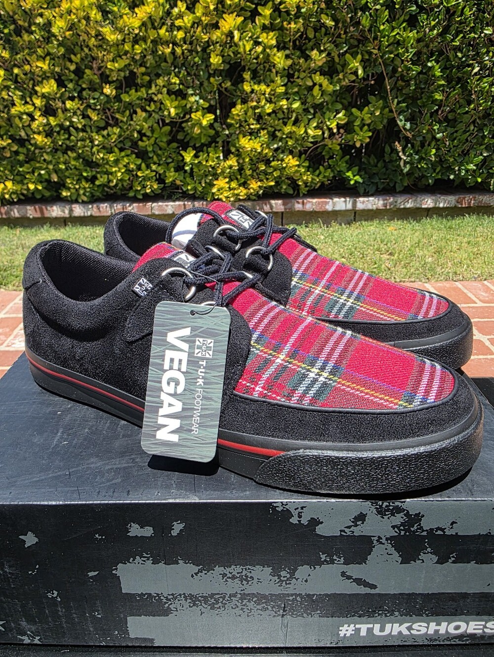 NWT T.U.K. Black Faux Suede/Red Plaid Vegan Creeper Sneakers Shoes